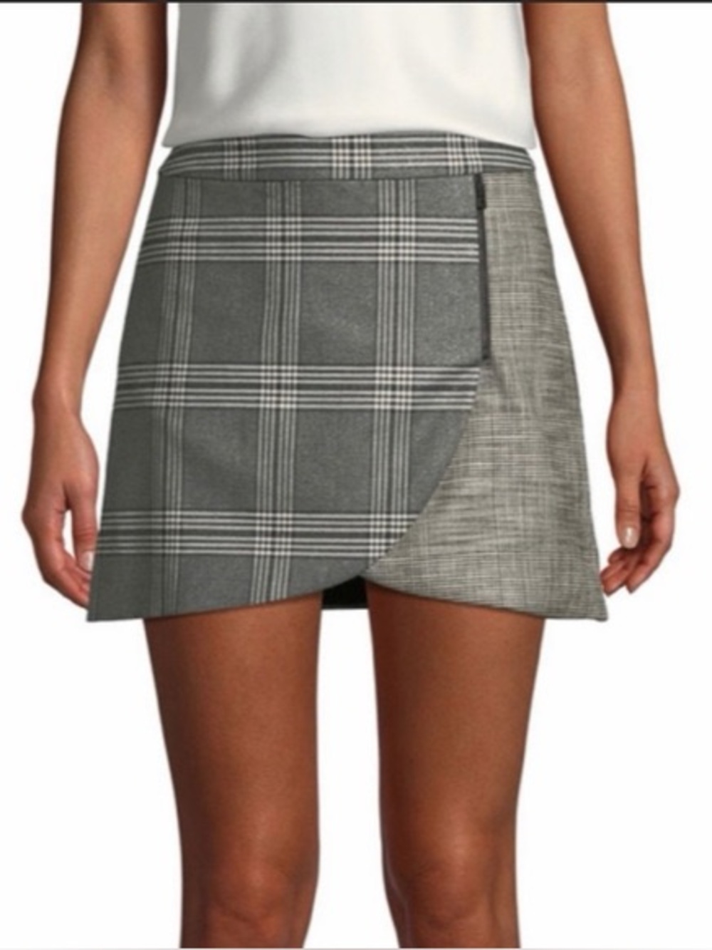 Alice + Olivia Gray Plaid & Herringbone Wrap Mini Skirt